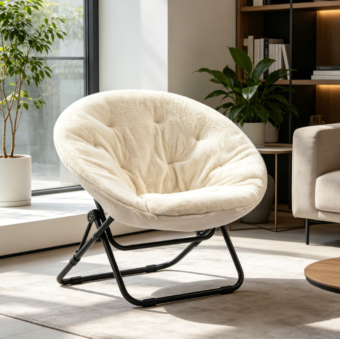 Beige Plush Folding Leisure Chair, Round Saucer Seat with Metal Frame